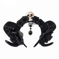 Black head sheep horn hair hoop featuring a skeleton head sheep skull and black sheer mesh roses decoration