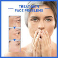 A woman with short gray hair shows surprise using skin luxury anti-aging neck cream by glo vous derm