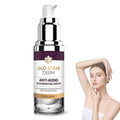 Glo vous derm skin luxury anti-aging neck cream in a silver and purple pump bottle with gold accents for rejuvenation