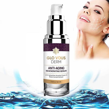 Glo vous derm skin luxury anti-aging regenerating serum in silver white pump bottle with purple gold accents for neck cream