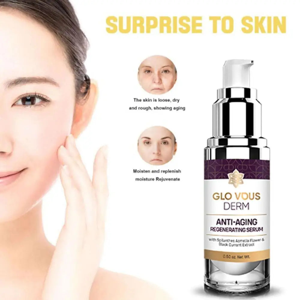 Glo vous derm skin luxury anti-aging neck cream in a silver and purple pump bottle with regenerating serum