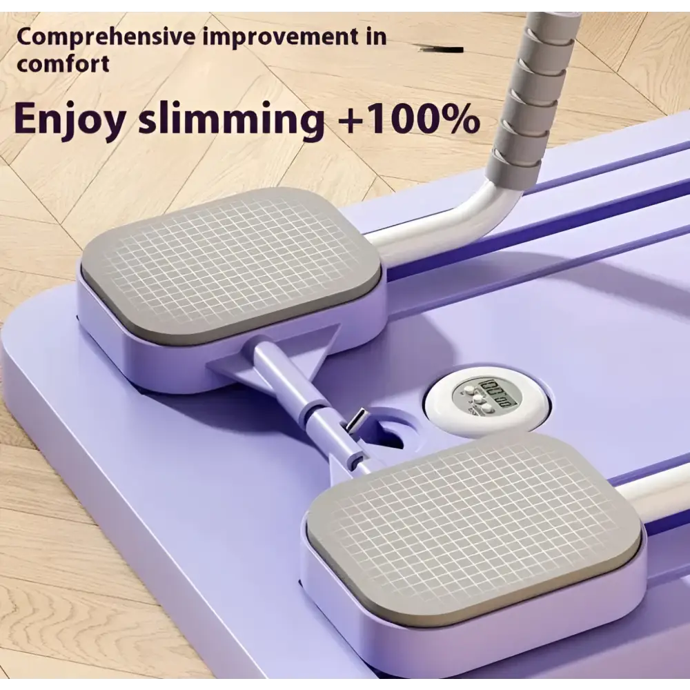 Purple sky gray household abdominal wheel with gray textured foot platforms and digital display for slimming exercise
