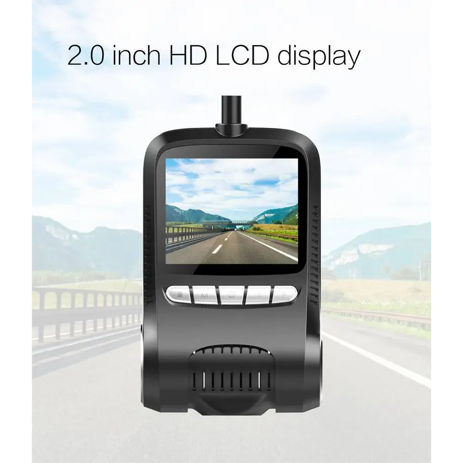 Black sleek dash cam night vision with 2 inch hd lcd display, four silver buttons, and antenna for night vision recording