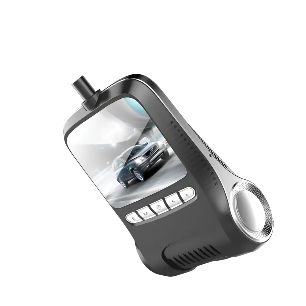 Black and silver sleek dash cam night vision with small screen, physical buttons, and side circular speaker for night vision recording