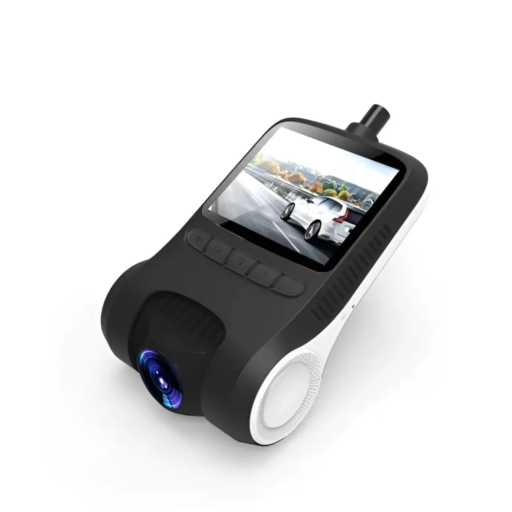 Sleek black and white dash cam with touchscreen display showing road scene for cam night vision recording in fhd1080p