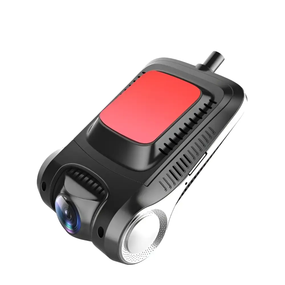 Sleek black and red dash cam night vision recording with prominent lens on left side for FHD1080P clarity