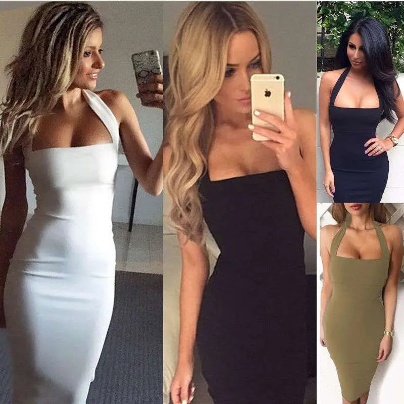 A sleek form fitting halter sexy dress in black or white with smooth fabric and a flattering silhouette