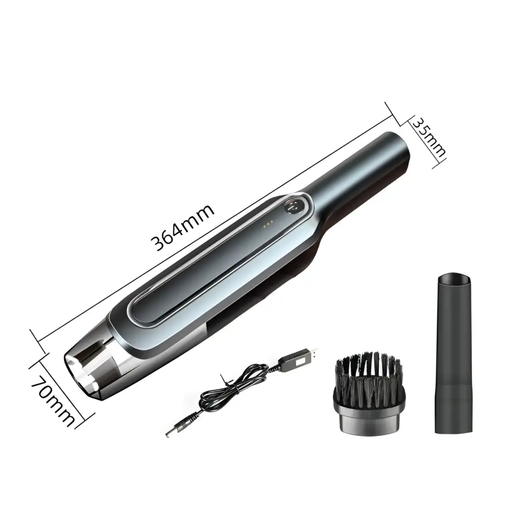 Sleek gray and black cordless handheld vacuum with short suction head and detachable brush for portable cleaning