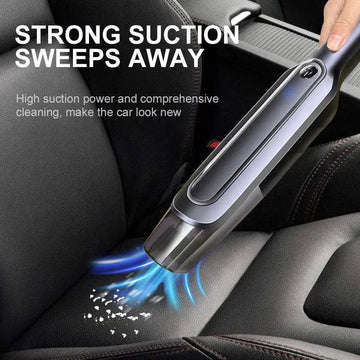 Sleek gray and black cordless handheld vacuum cleaner with a short suction head for portable car cleaning