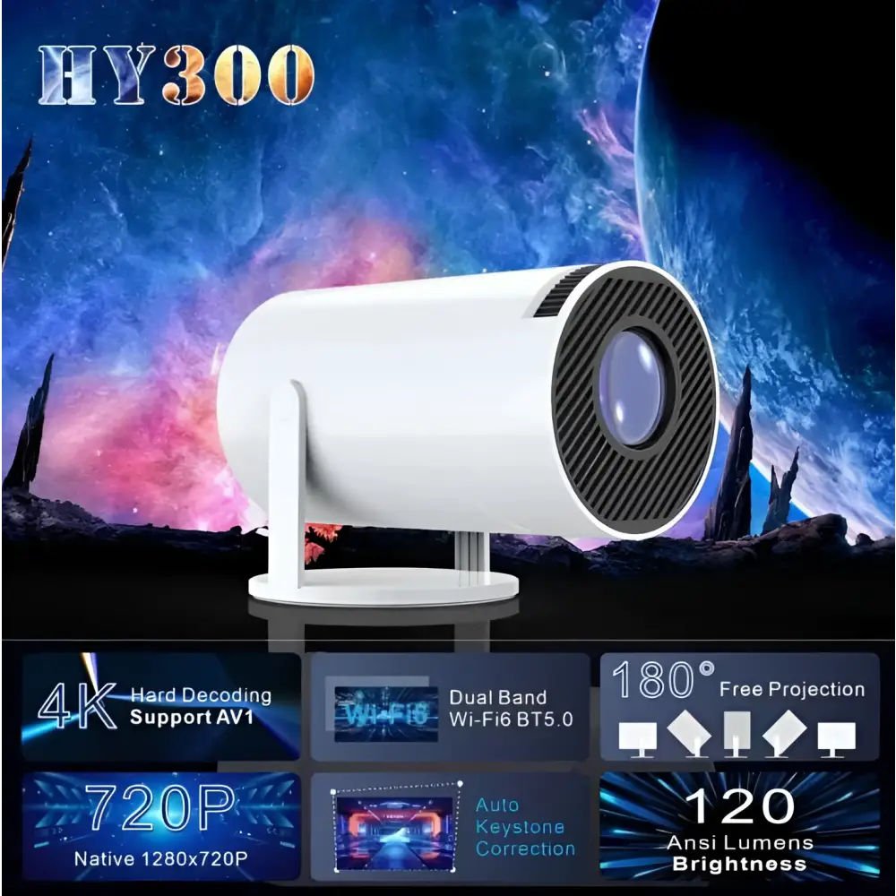 Sleek white cylindrical mini projector with black textured lens cover designed to enhance viewing experience and customer service