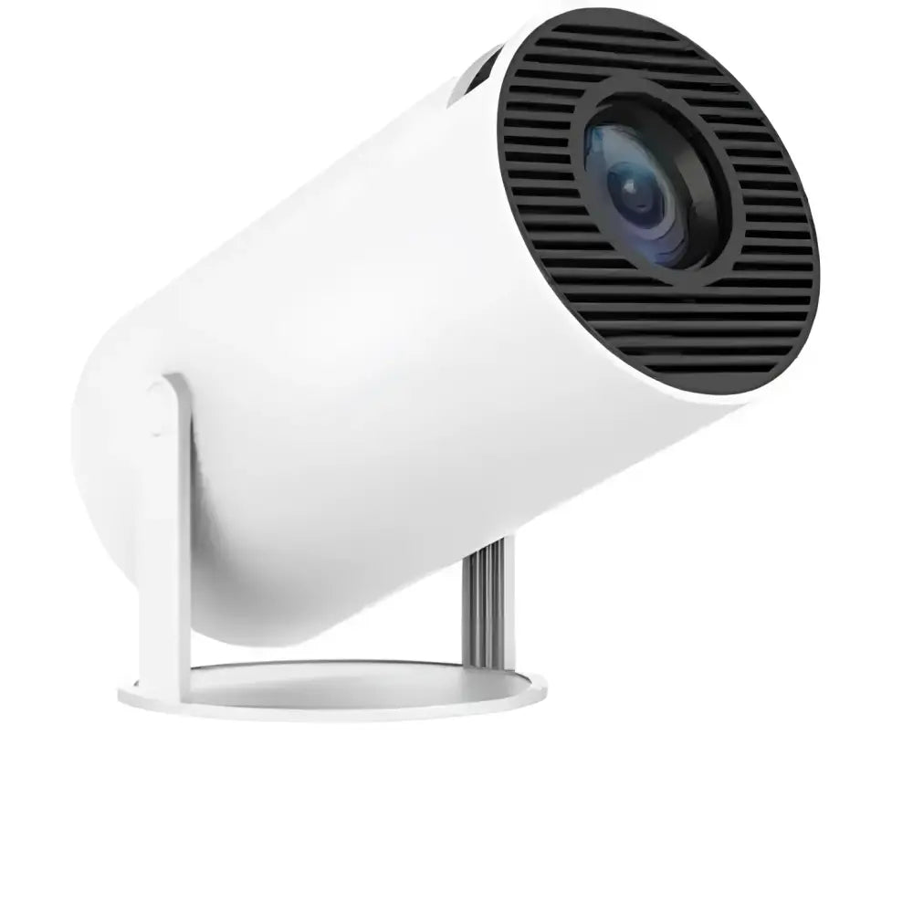 Sleek white cylindrical mini projector with black gridded lens cover and metallic stand for enhanced viewing experience