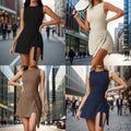 A cream-colored sleeveless yoga tennis skirt with a tied waistband and side slit for active sportwear