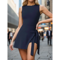 Navy blue sleeveless mini yoga tennis skirt with tied waistband and high side slit for activewear use
