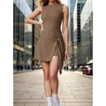 Taupe sleeveless yoga tennis skirt sport dress with fitted bodice tied waistband and asymmetrical side slit hem