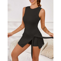 Black sleeveless side slit yoga tennis skirt sport dress with a tied waistband and peplum detail in cream-colored fabric