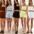 A pack of 5 sleeveless suspender shorts two-piece sets featuring ruffled crop tops in brown light blue black yellow and white