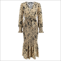 Beige and black leopard-print slim-fit temperament v-neck printed belt dress with long sleeves, smocked skirt, and ruffled cuffs