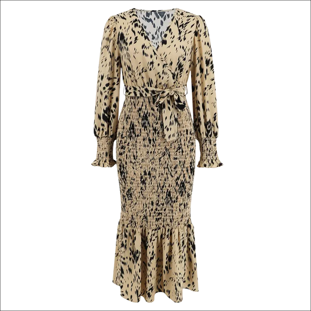 Beige and black leopard-print slim-fit temperament v-neck printed belt dress with long sleeves, smocked skirt, and ruffled cuffs