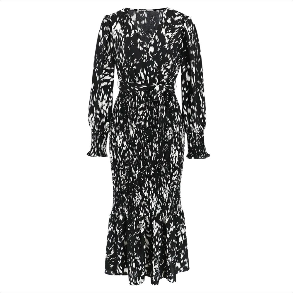 Black and white abstract slim-fit temperament v-neck printed belt dress with long sleeves and flared ruffled hem