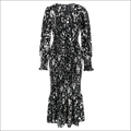 Black and white slim-fit temperament v-neck printed belt dress with long sleeves cinched waist and flared ruffled hem