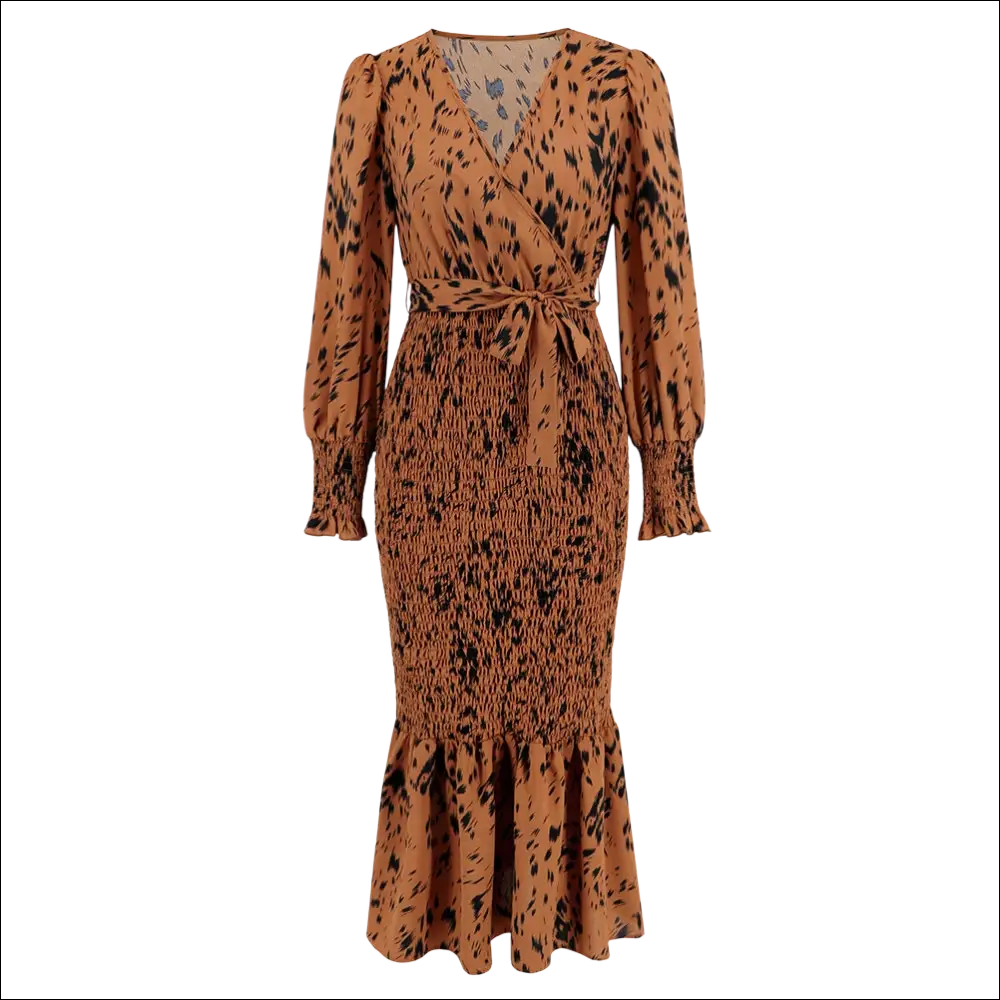 A brown and black leopard-print slim-fit temperament v-neck belt dress with long sleeves and a flared skirt