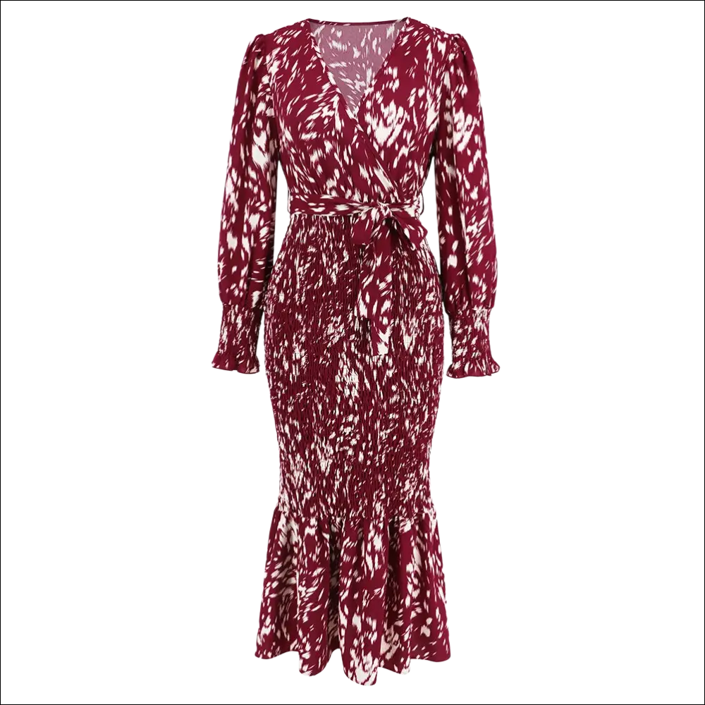 Slim-fit temperament v-neck printed belt dress in maroon and white abstract pattern with long sleeves and ruffled hem