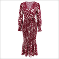 Slim-fit temperament v-neck printed belt dress in maroon and white with long sleeves and flared ruffled hem