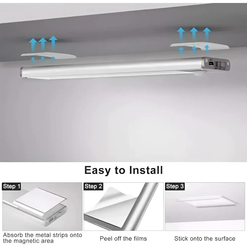 Silver slim motion sensor led cabinet lighting strip with magnetic base usb charging port and adhesive backing