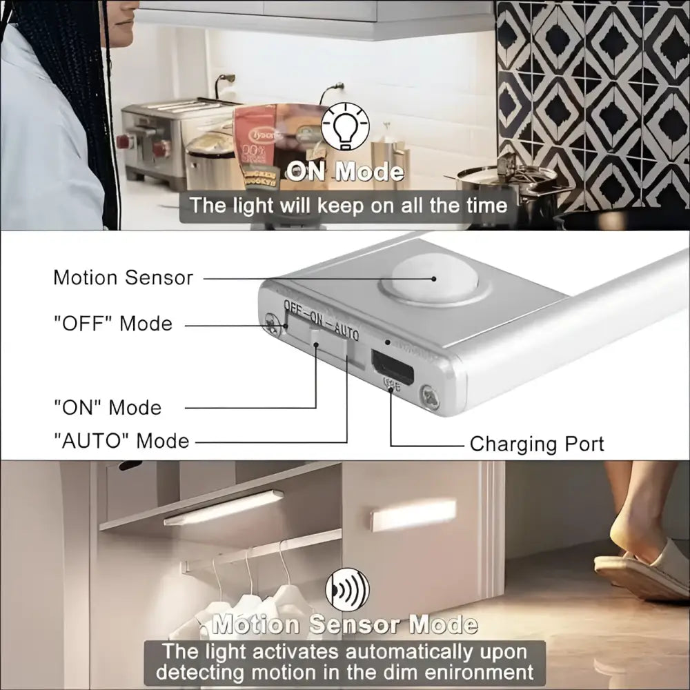 Silver slim motion sensor led cabinet lighting with under-cabinet installation and built-in charging port