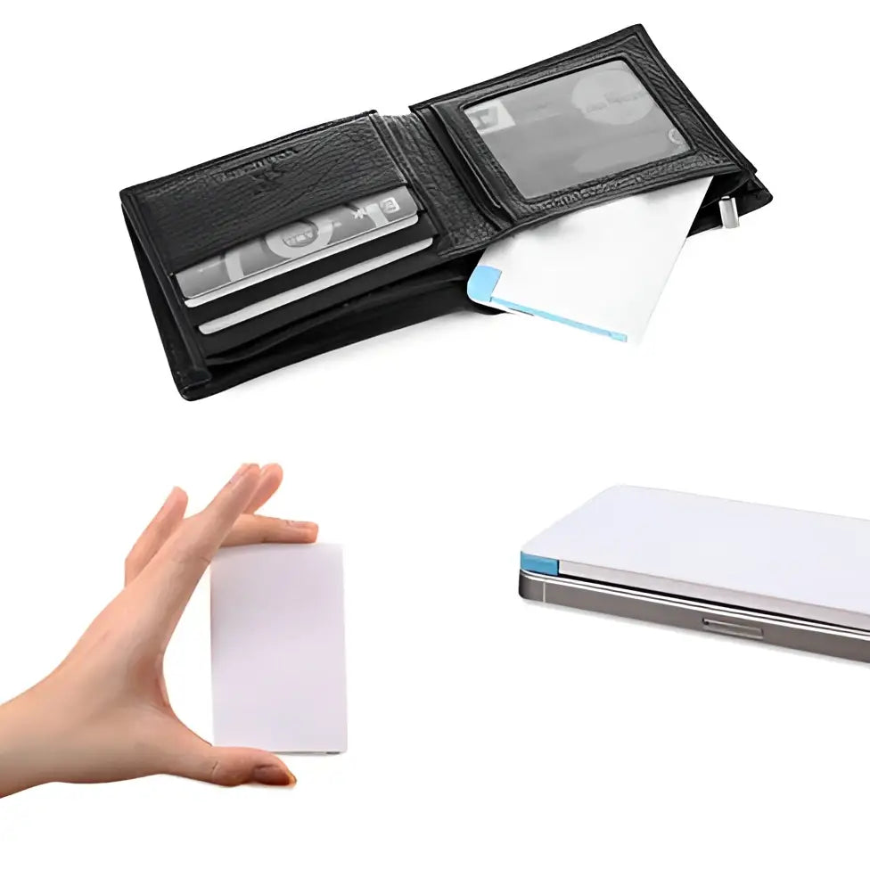 White slim pocket charger with light blue accents and matching curved usb c cable for smart phone charging