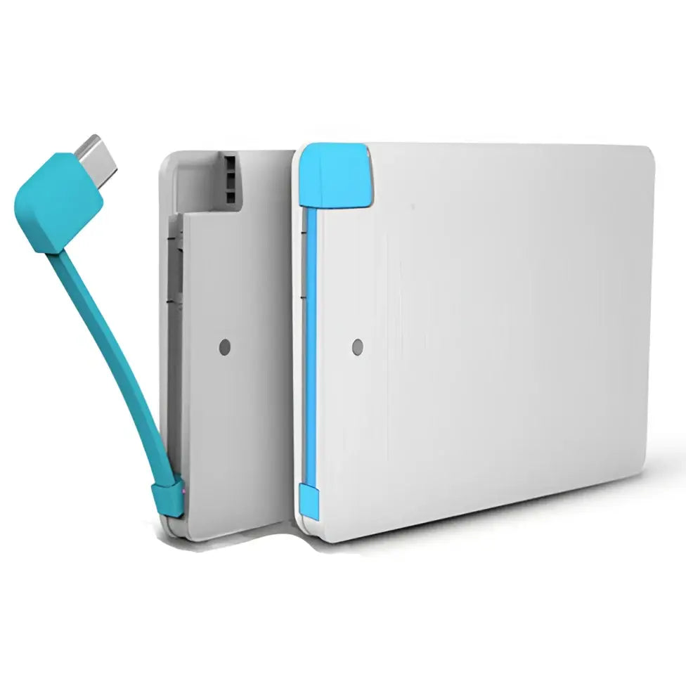White slim pocket charger with light blue accents and matching curved usb c cable for smart phone charging