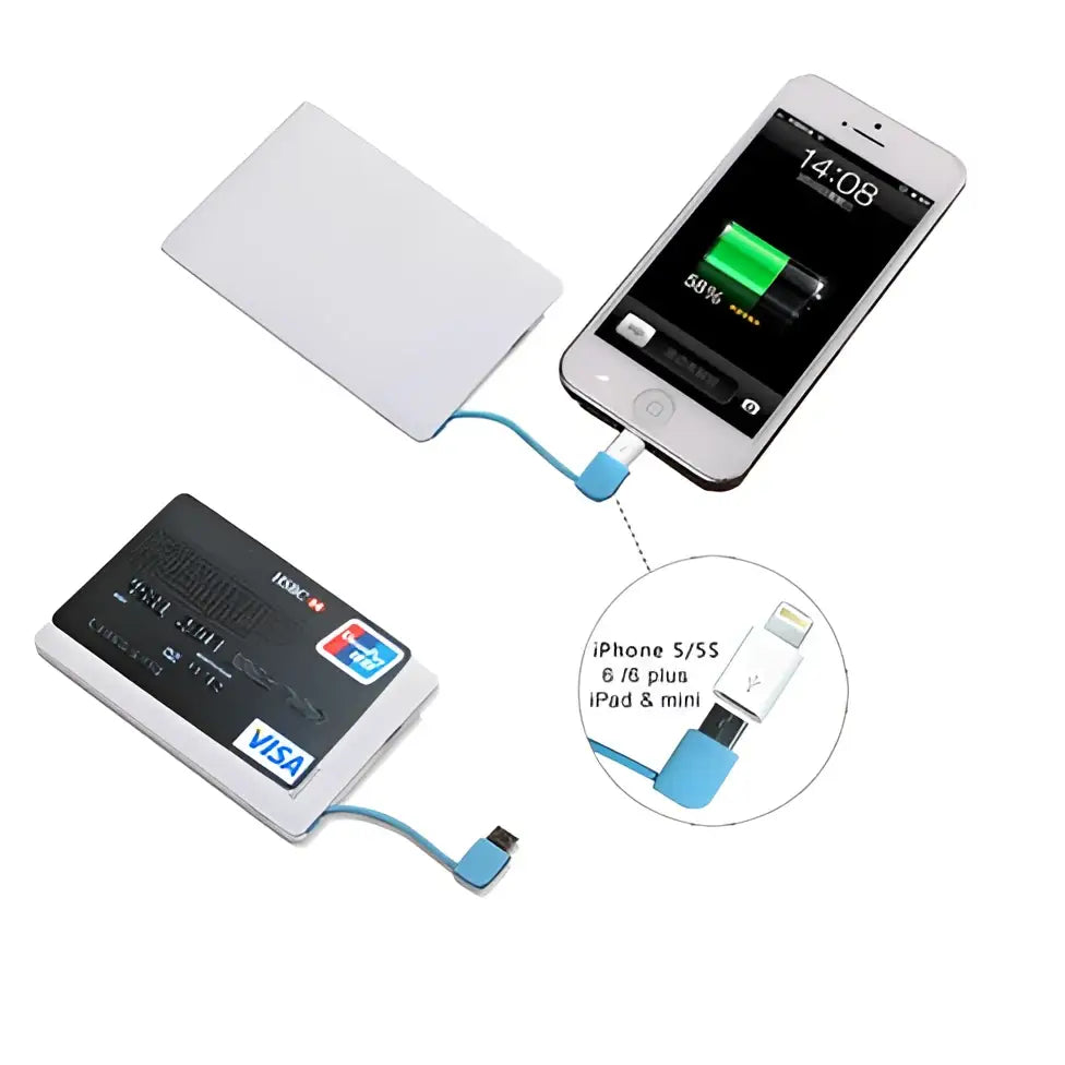 White slim pocket charger with usb c cable and card slot design for convenient smart phone charging
