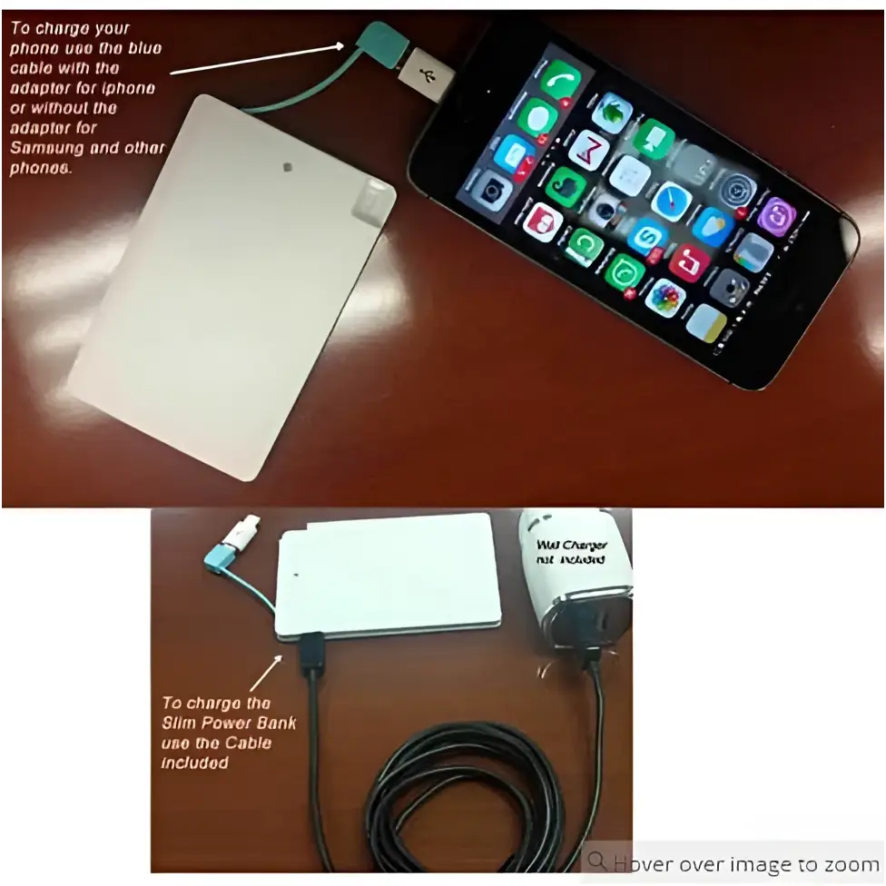 White rectangular slim pocket charger with usb c cable port and button for smart phone charging on its surface