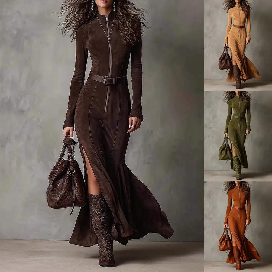 A slim zipper dress in elegant temperament brown suede with a high collar and front zipper for formal wear