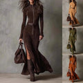 A slim zipper dress in elegant temperament brown suede with a high collar and front zipper for formal wear