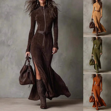 A slim zipper dress in elegant temperament brown suede with a high collar and front zipper for formal wear