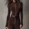 A sleek slim zipper dress in elegant temperament brown suede with a high collar and front zipper closure