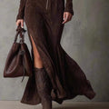 Brown leather bucket bag with braided handles and silver metal clasp complementing elegant temperament brown suede dress