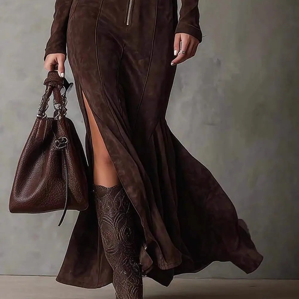 Brown leather bucket bag with braided handles and silver metal clasp complementing elegant temperament brown suede dress