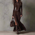 A flowing slim zipper dress in elegant temperament brown suede with long sleeves and a high neckline