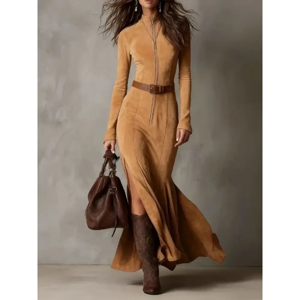 Tan suede slim zipper dress with high neckline and fitted waist belt for elegant temperament brown suede look