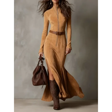 Tan suede slim zipper dress with high neckline and fitted waist belt for elegant temperament brown suede look