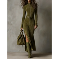 Olive green slim zipper dress in temperament brown suede with midi length and belt detail for elegant wear
