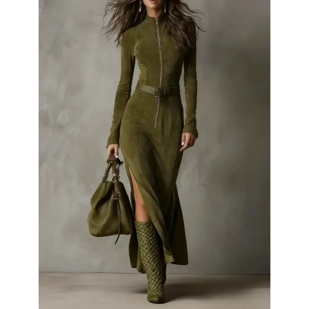 Olive green slim zipper dress in temperament brown suede with midi length and belt detail for elegant wear