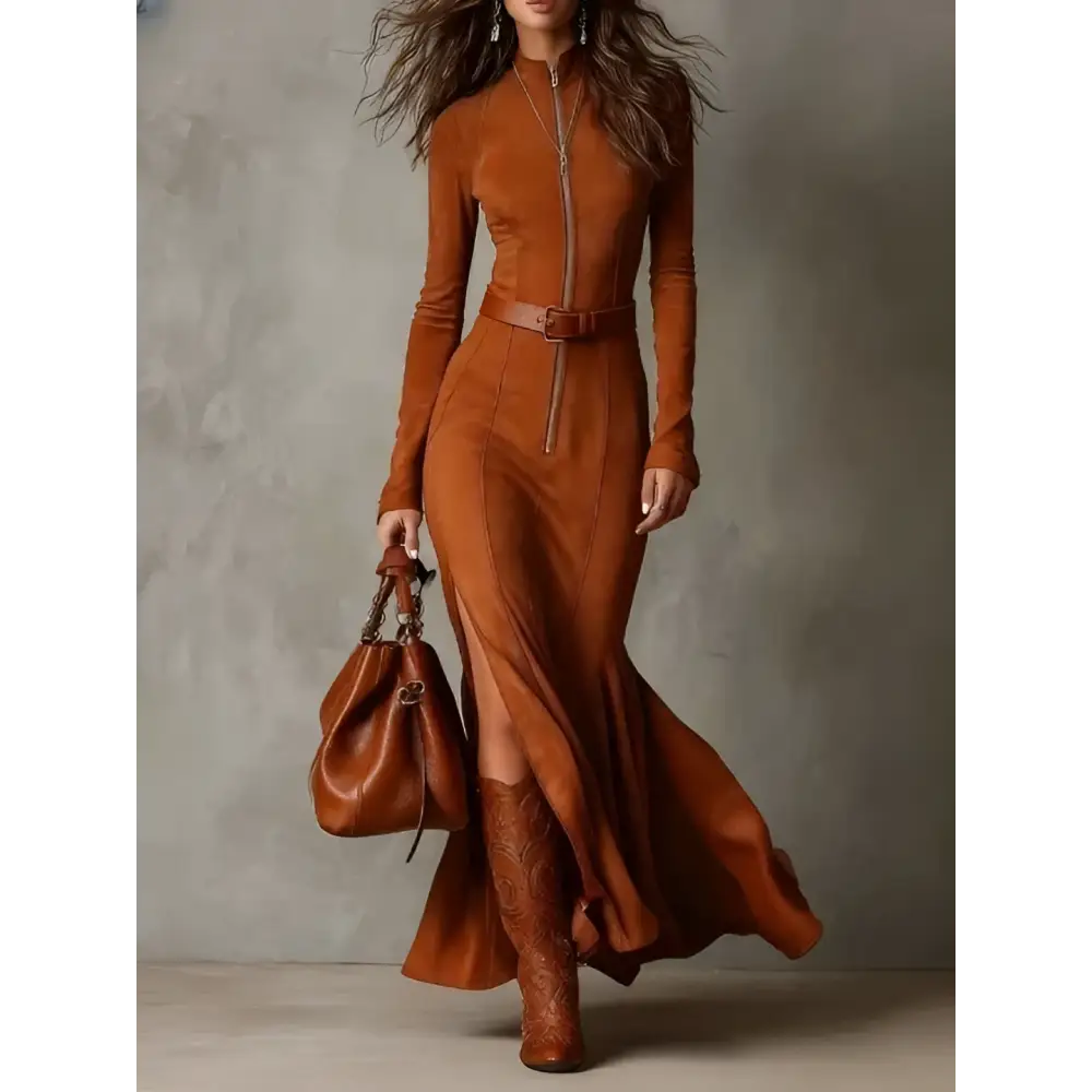 A flowing slim zipper dress in elegant temperament brown suede with a high collar and front zipper closure