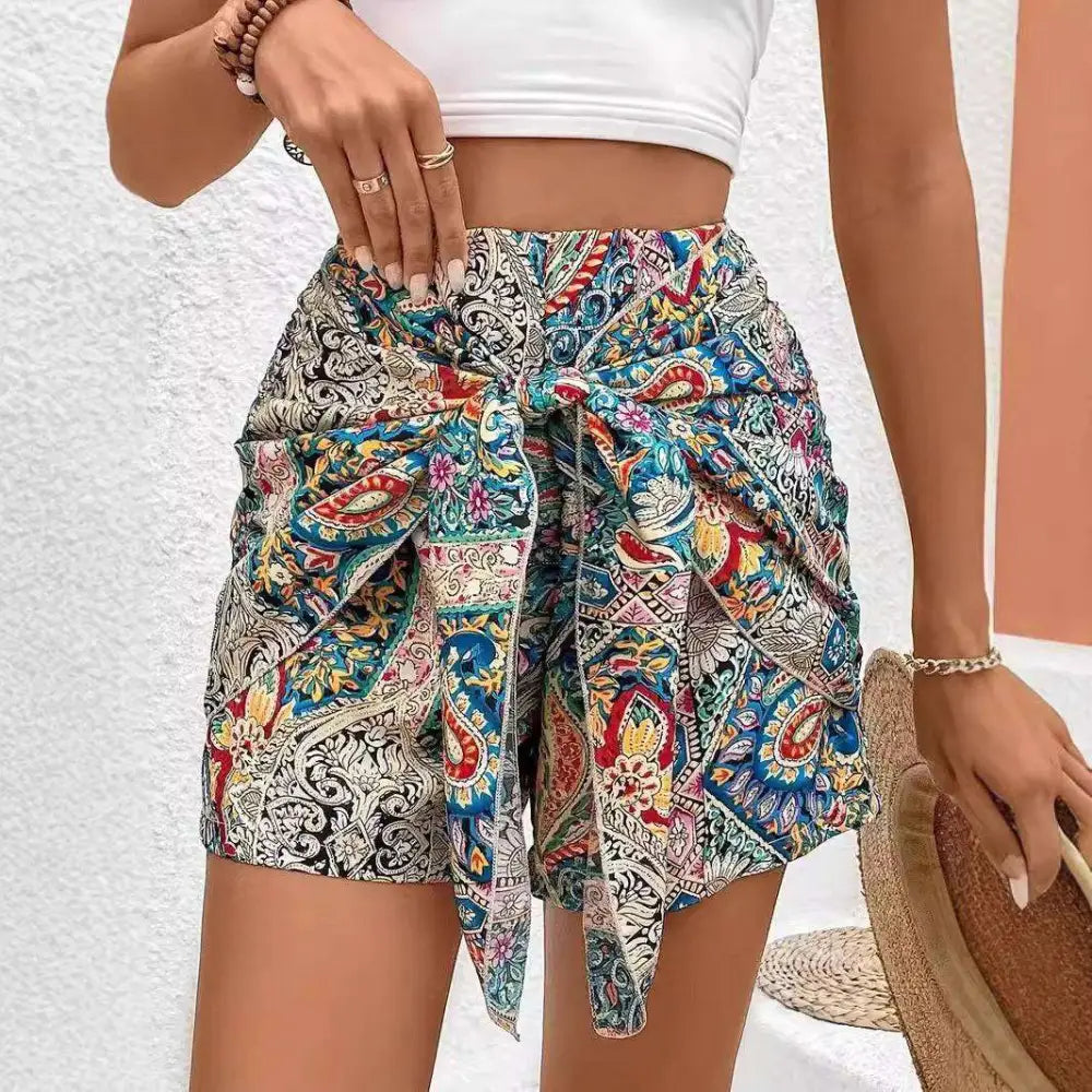 Colorful paisley-patterned slimming lace printed irregular skirt with vibrant blue red yellow and black wrap shorts design