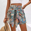 Colorful paisley-patterned slimming lace printed irregular skirt with vibrant blue red and beige wrap shorts design