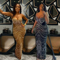Two women wear sling hot drilling geometric beaded evening dresses in shimmering gold and deep navy blue with crystals