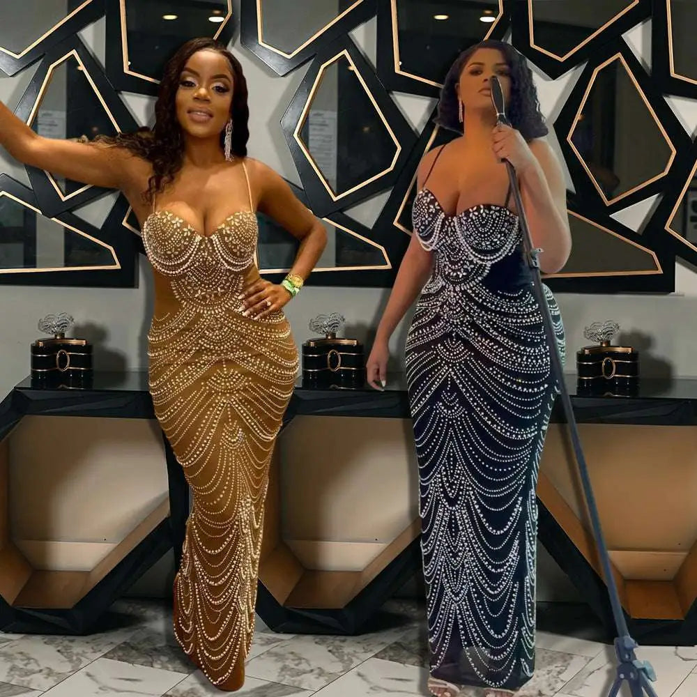 Two women wear sling hot drilling geometric beaded evening dresses in shimmering gold and deep navy blue with crystals