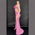 A shimmering pink beaded evening gown with a high slit and back cutout from the sling super shiny light diamond collection